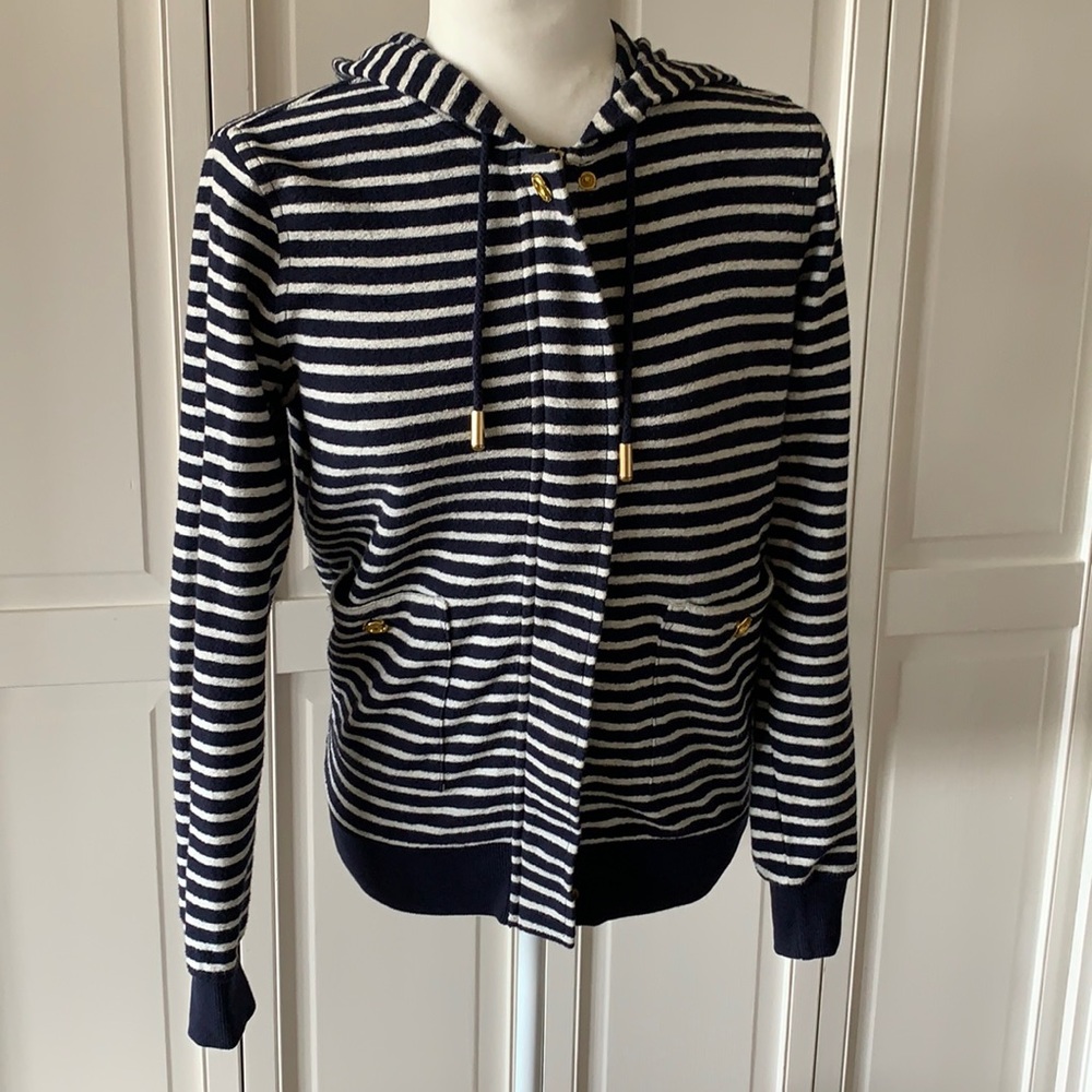 TORY BURCH NAVY BLUE AND WHITE STRIPED COTTON TERRY HOODIE